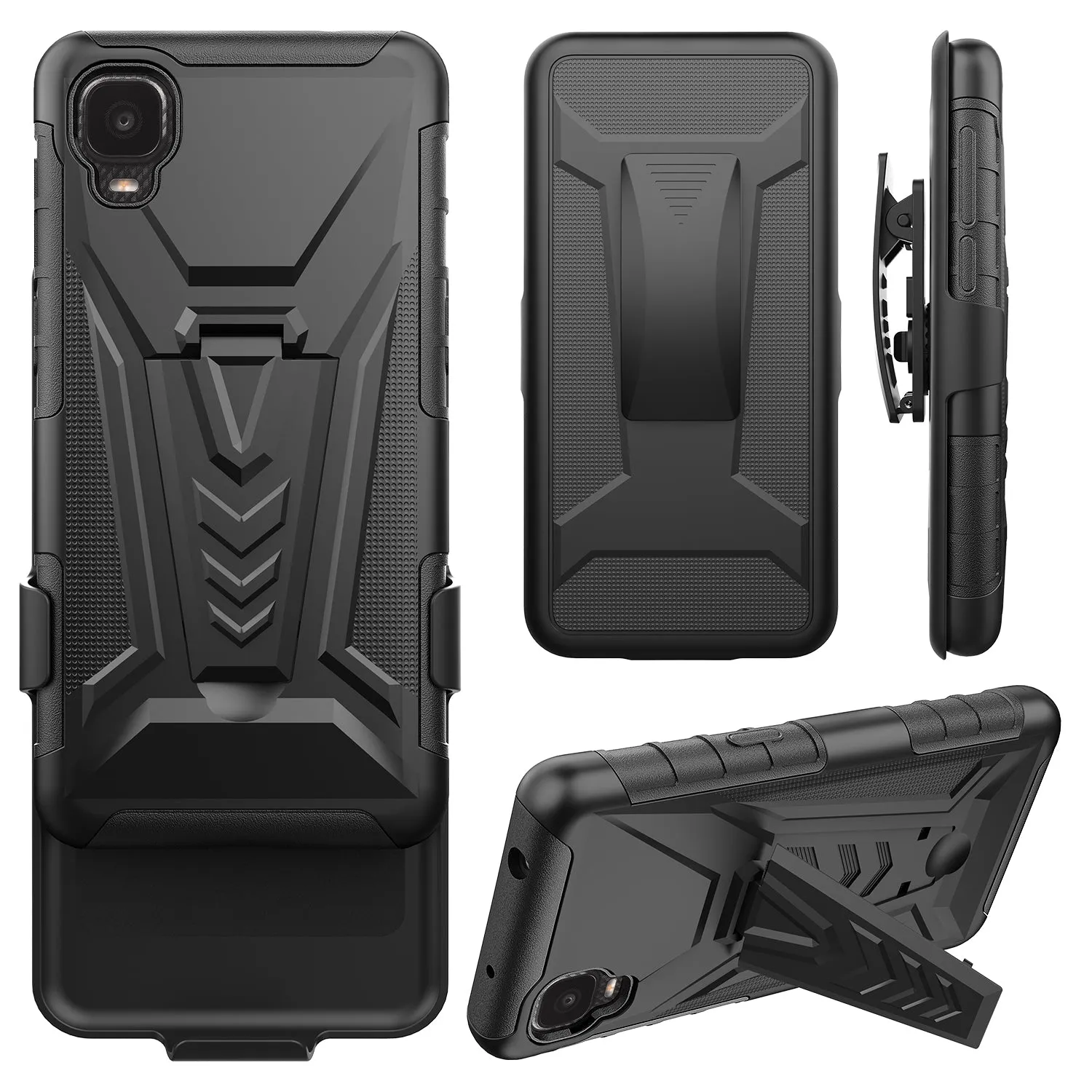 For TCL A3 Case with Tempered Glass Screen Protector Heavy Duty Protective Phone Case,Built-in Kickstand Rugged Shockproof Protective Phone Case - Black