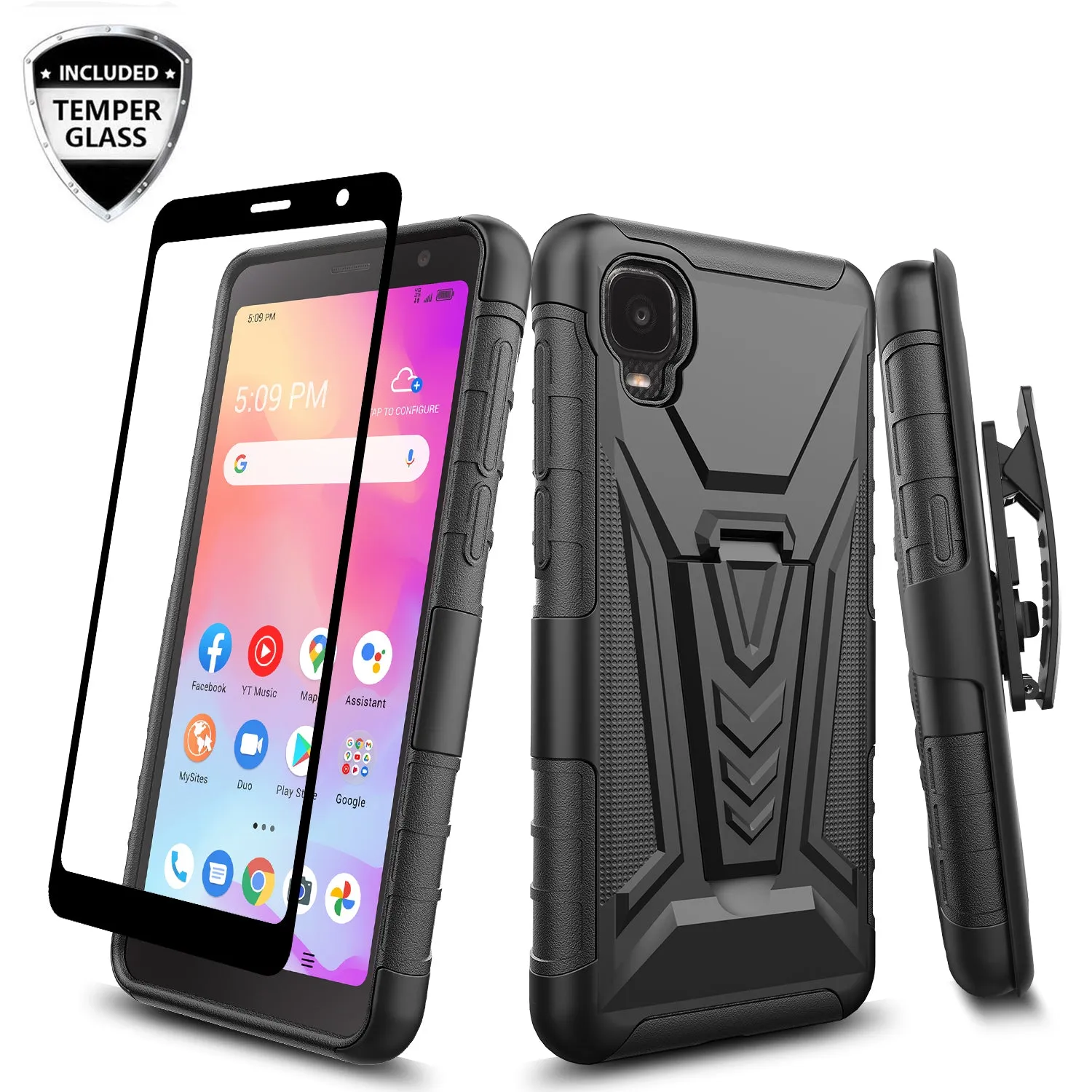 For TCL A3 Case with Tempered Glass Screen Protector Heavy Duty Protective Phone Case,Built-in Kickstand Rugged Shockproof Protective Phone Case - Black