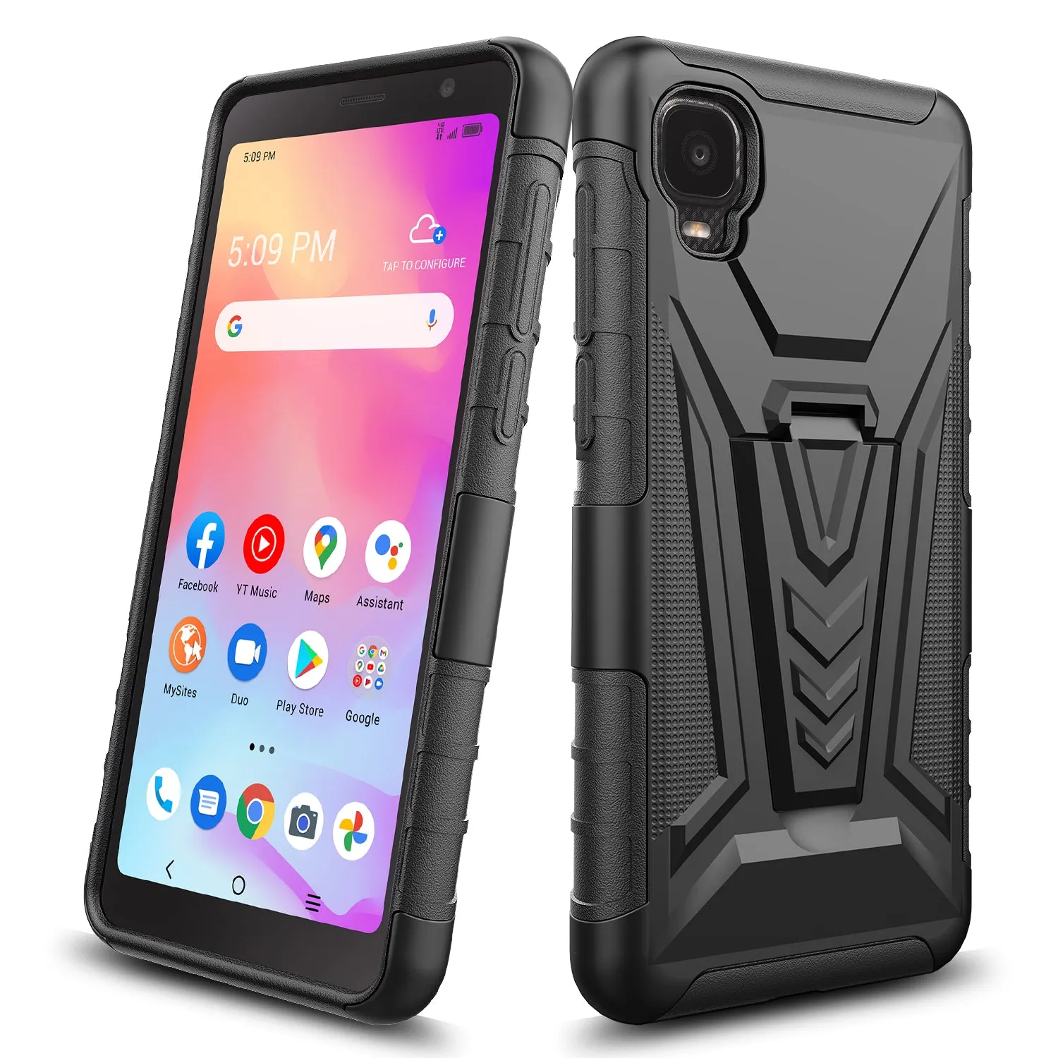 For TCL A3 Case with Tempered Glass Screen Protector Heavy Duty Protective Phone Case,Built-in Kickstand Rugged Shockproof Protective Phone Case - Black