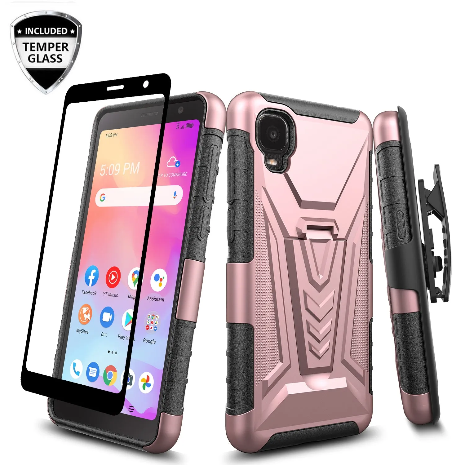 For TCL A3 Case with Tempered Glass Screen Protector Heavy Duty Protective Phone Case,Built-in Kickstand Rugged Shockproof Protective Phone Case - Rose Gold