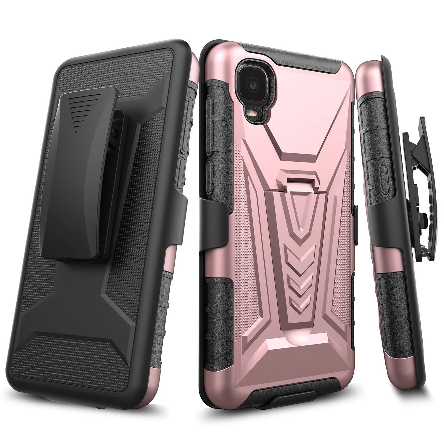 For TCL A3 Case with Tempered Glass Screen Protector Heavy Duty Protective Phone Case,Built-in Kickstand Rugged Shockproof Protective Phone Case - Rose Gold