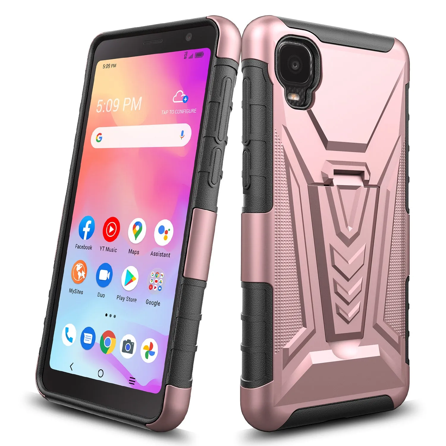 For TCL A3 Case with Tempered Glass Screen Protector Heavy Duty Protective Phone Case,Built-in Kickstand Rugged Shockproof Protective Phone Case - Rose Gold