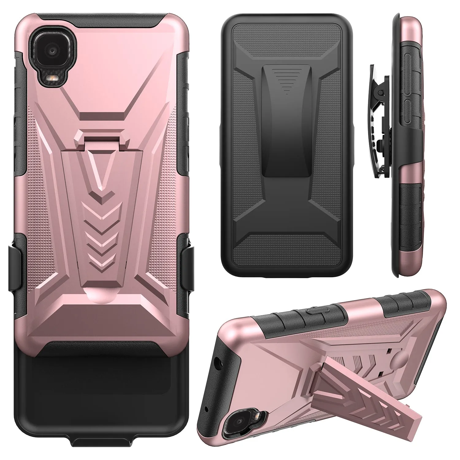 For TCL A3 Case with Tempered Glass Screen Protector Heavy Duty Protective Phone Case,Built-in Kickstand Rugged Shockproof Protective Phone Case - Rose Gold