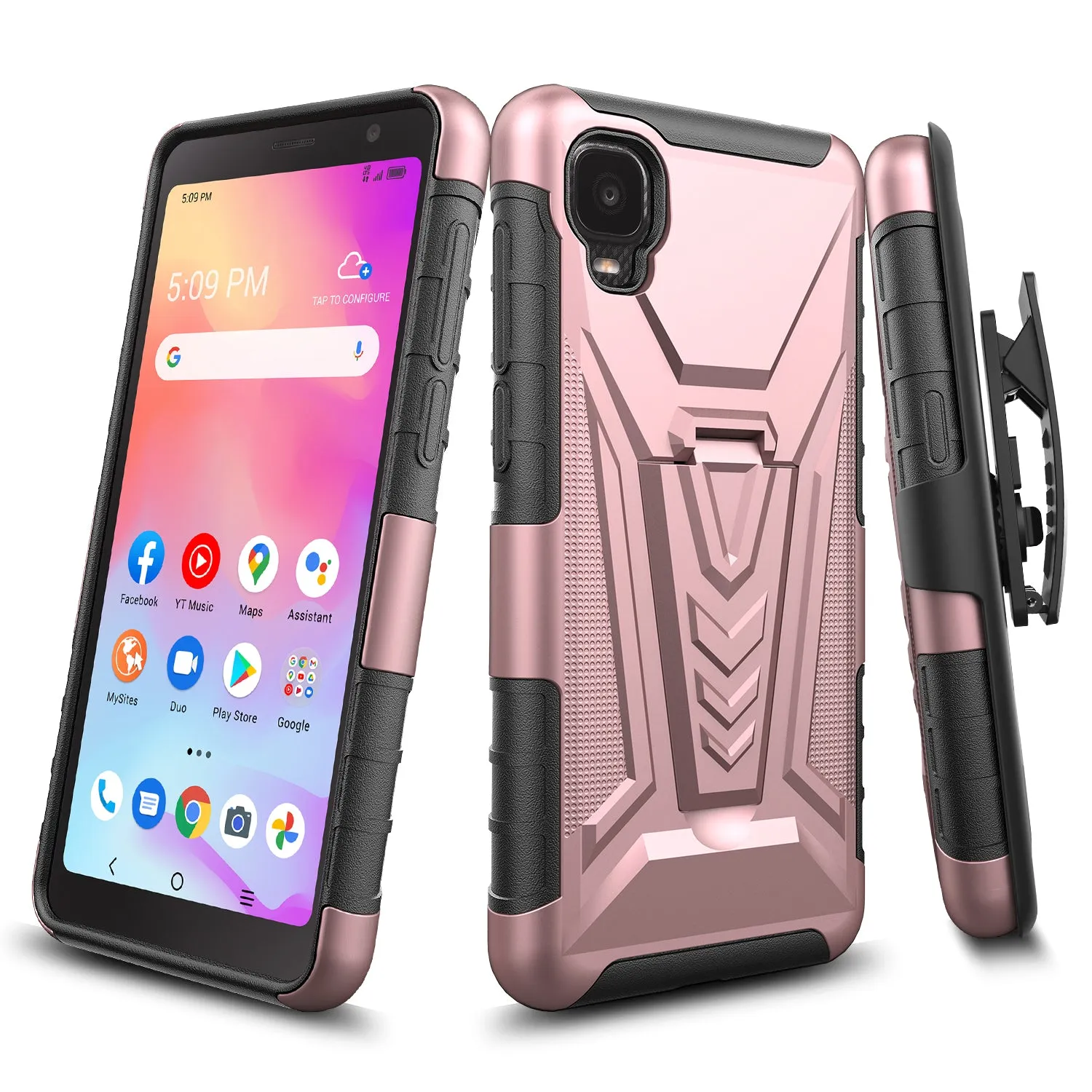 For TCL A3 Case with Tempered Glass Screen Protector Heavy Duty Protective Phone Case,Built-in Kickstand Rugged Shockproof Protective Phone Case - Rose Gold