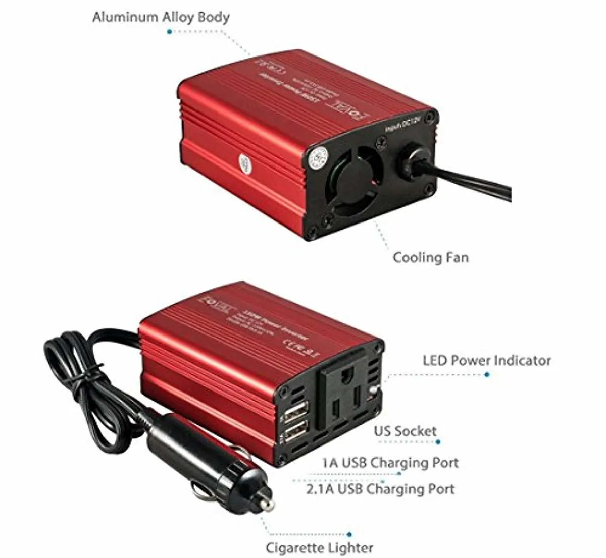 FOVAL 150W Car Power Inverter DC 12V to 110V AC Converter with 3.1A Dual USB Car Charger