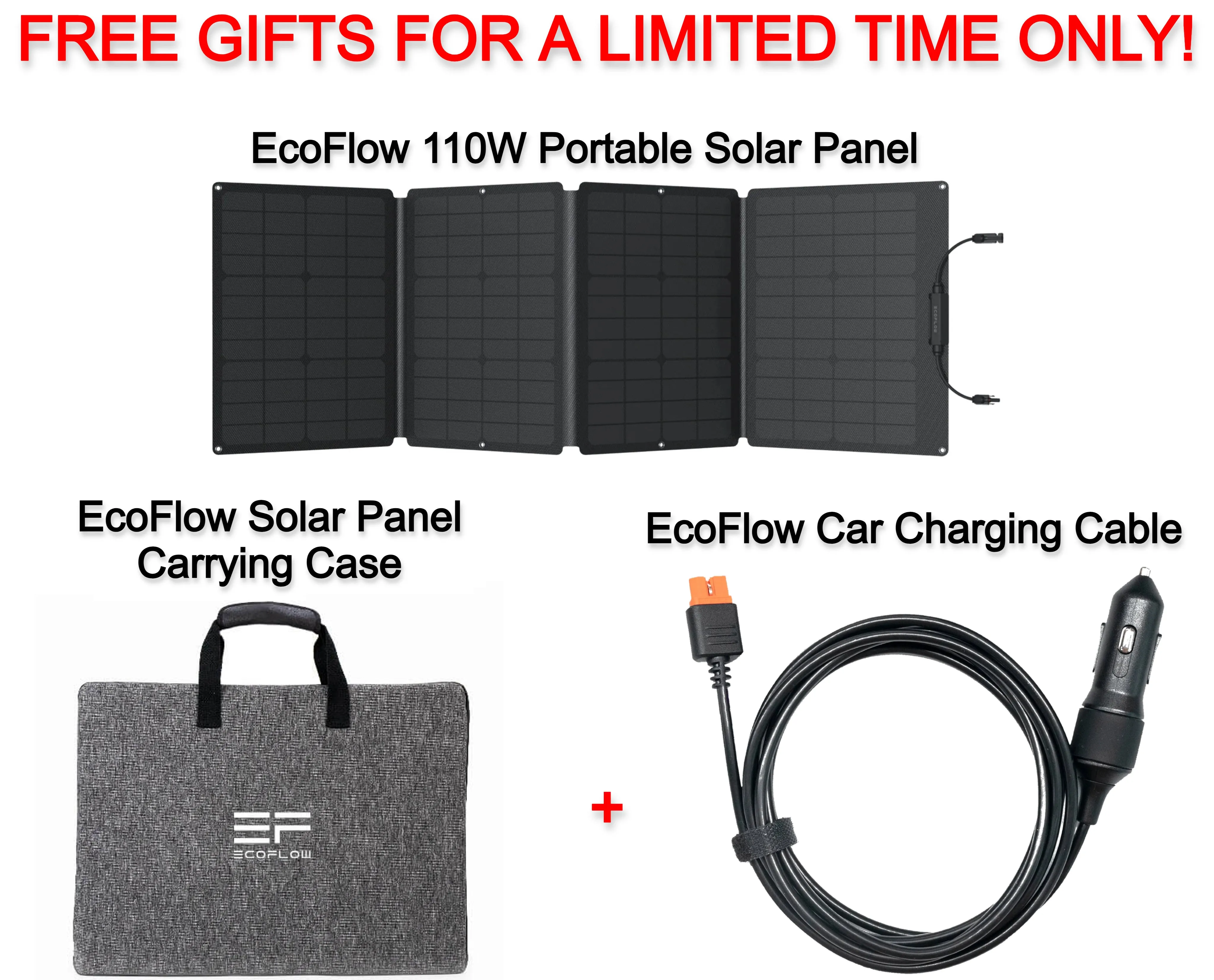 Free EcoFlow 110W Portable Solar Panel   EcoFlow Solar Panel Carrying Case   EcoFlow Car Charging Cable for EcoFlow Power Stations ($349.99 Value)