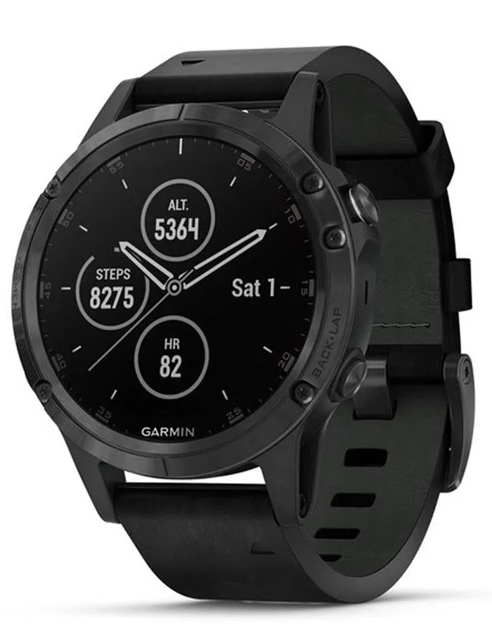 Garmin Fenix 5 Plus Sapphire Multisport Watch - Black Case - Black Leather- 47mm