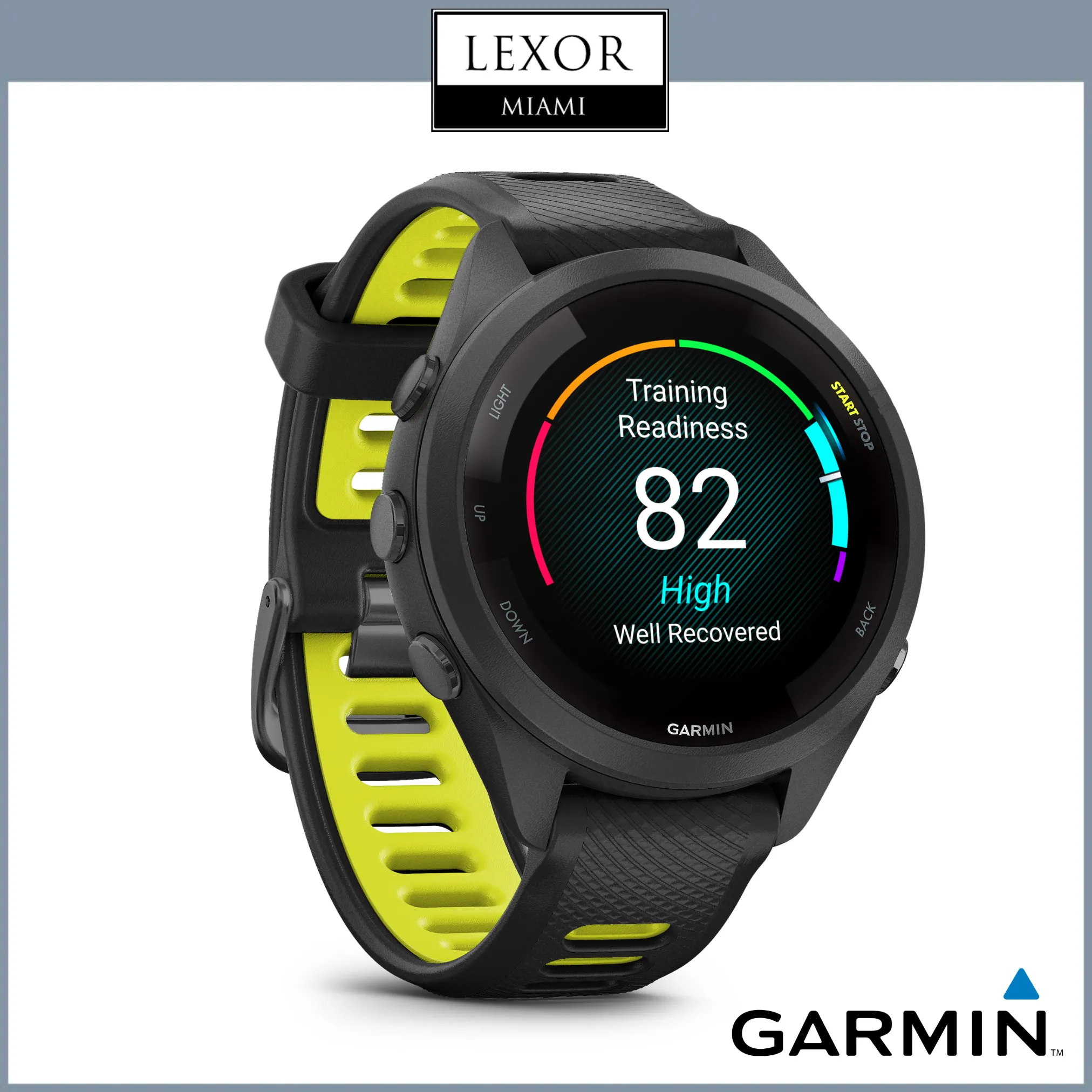 Garmin Forerunner® 265S, Black Bezel and Case with Black/Amp Yellow Silicone Band 010-02810-03 Watches UPC 753759313685