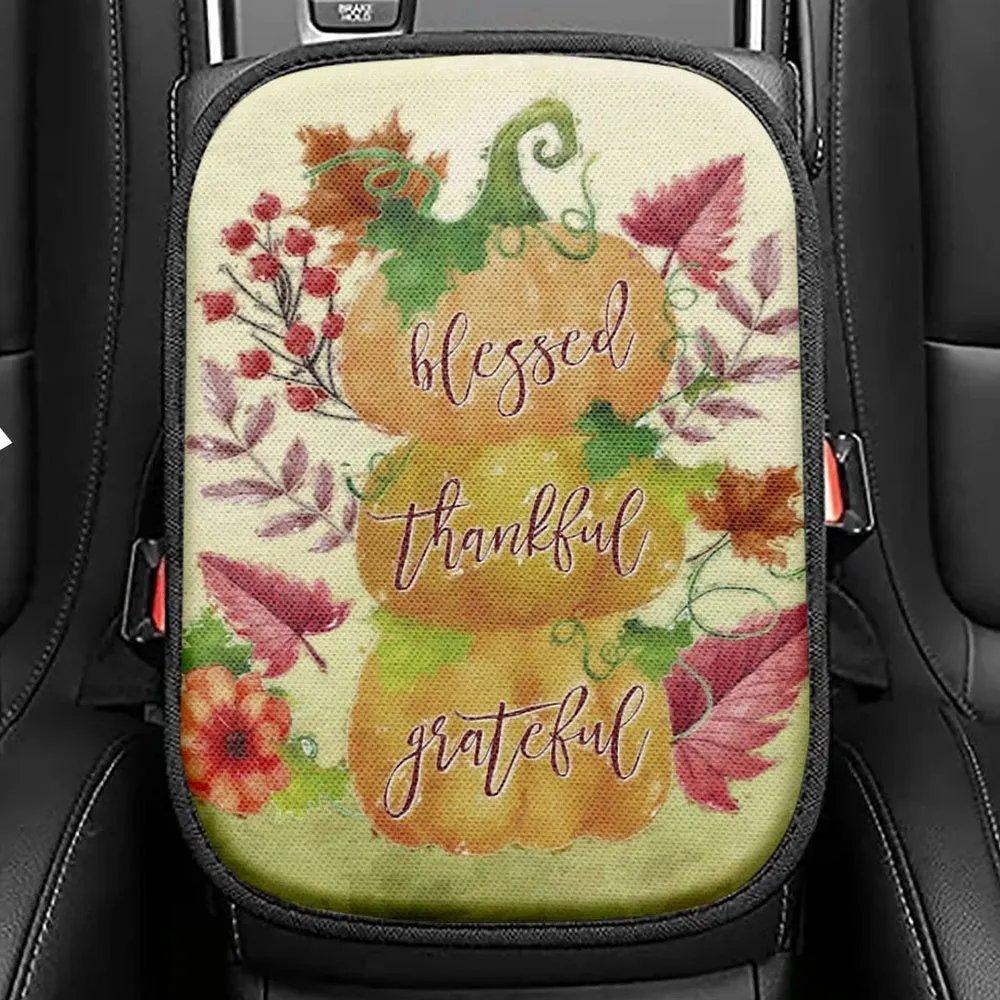 Grateful Thankful Blessed Pumpkin Thanksgiving Christian Seat Box Cover, Bible Verse Car Center Console Cover, Scripture Interior Car Accessories