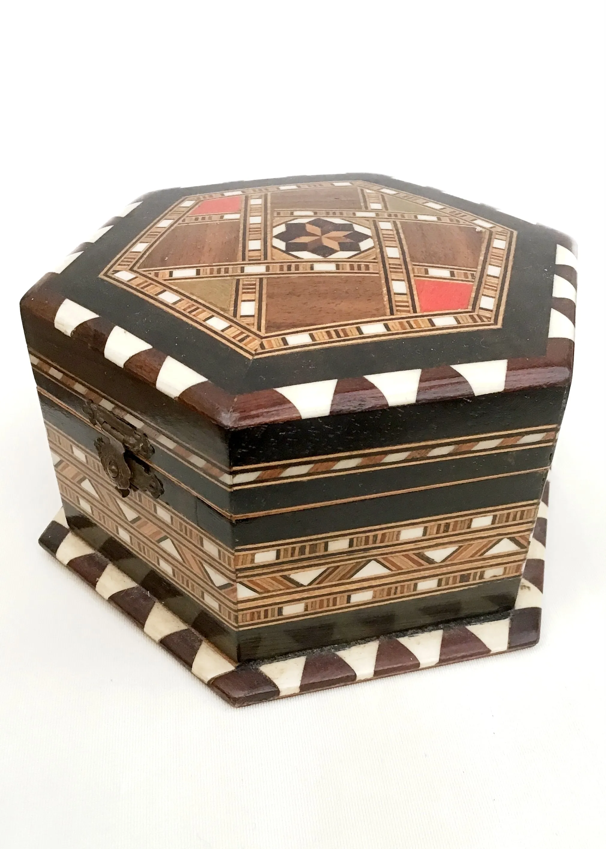 Hexagonal Spanish Marquetry Trinket Round Box with Mirror