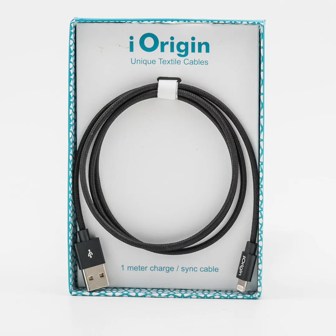 iOrigin Lighting to USB Textile Braided 1 Meter Cable - Apple Certified Quick Charge and Sync for iPhones / iPad / iPad Air / iPod  - Black