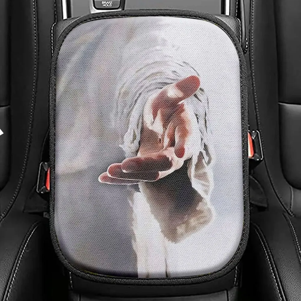 Jesus Hands Reaching Out Christian Seat Box Cover, Bible Verse Car Center Console Cover, Scripture Interior Car Accessories