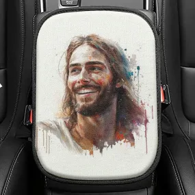 Jesus Smiling Seat Box Cover, Jesus Car Center Console Cover, Christian Interior Car Accessories