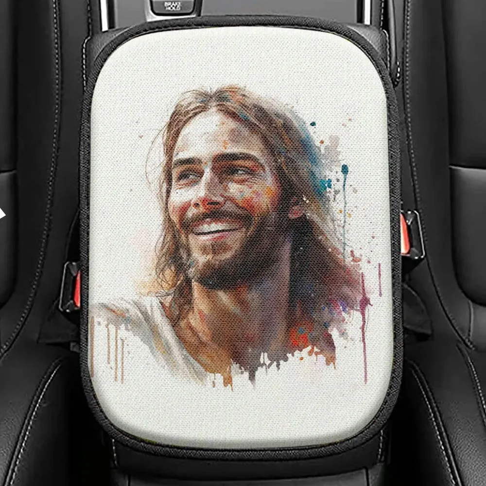 Jesus Smiling Seat Box Cover, Jesus Car Center Console Cover, Christian Interior Car Accessories