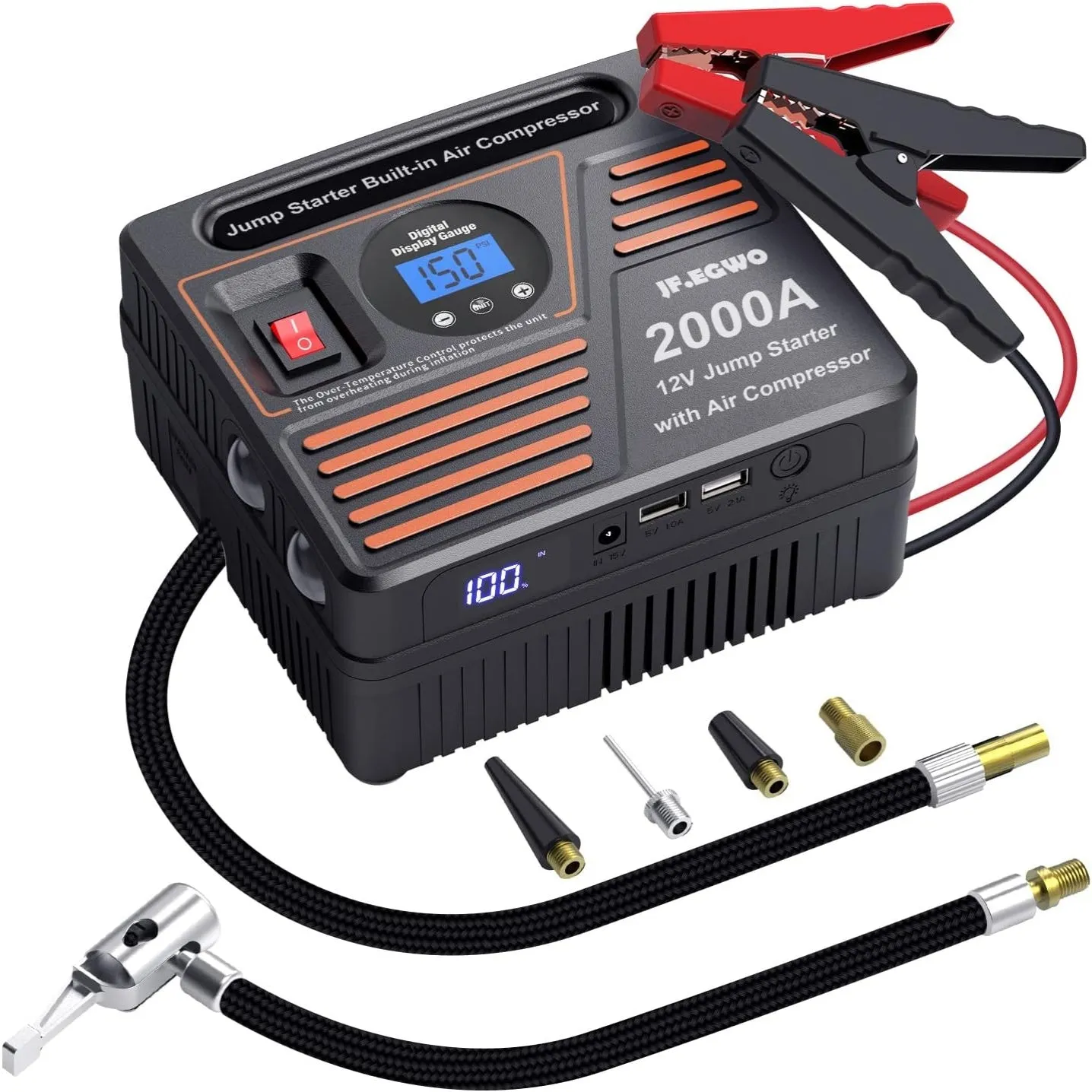 JFEGWO 2000A Jump Starter with Air Compressor Black