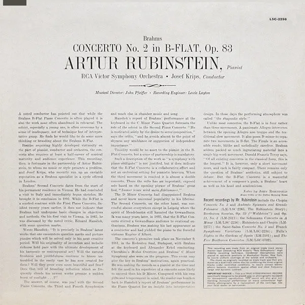 Johannes Brahms, Arthur Rubinstein, Josef Krips ... RCA Victor Symphony Orchestra - Concerto No. 2 (LP, Sha) (VG )