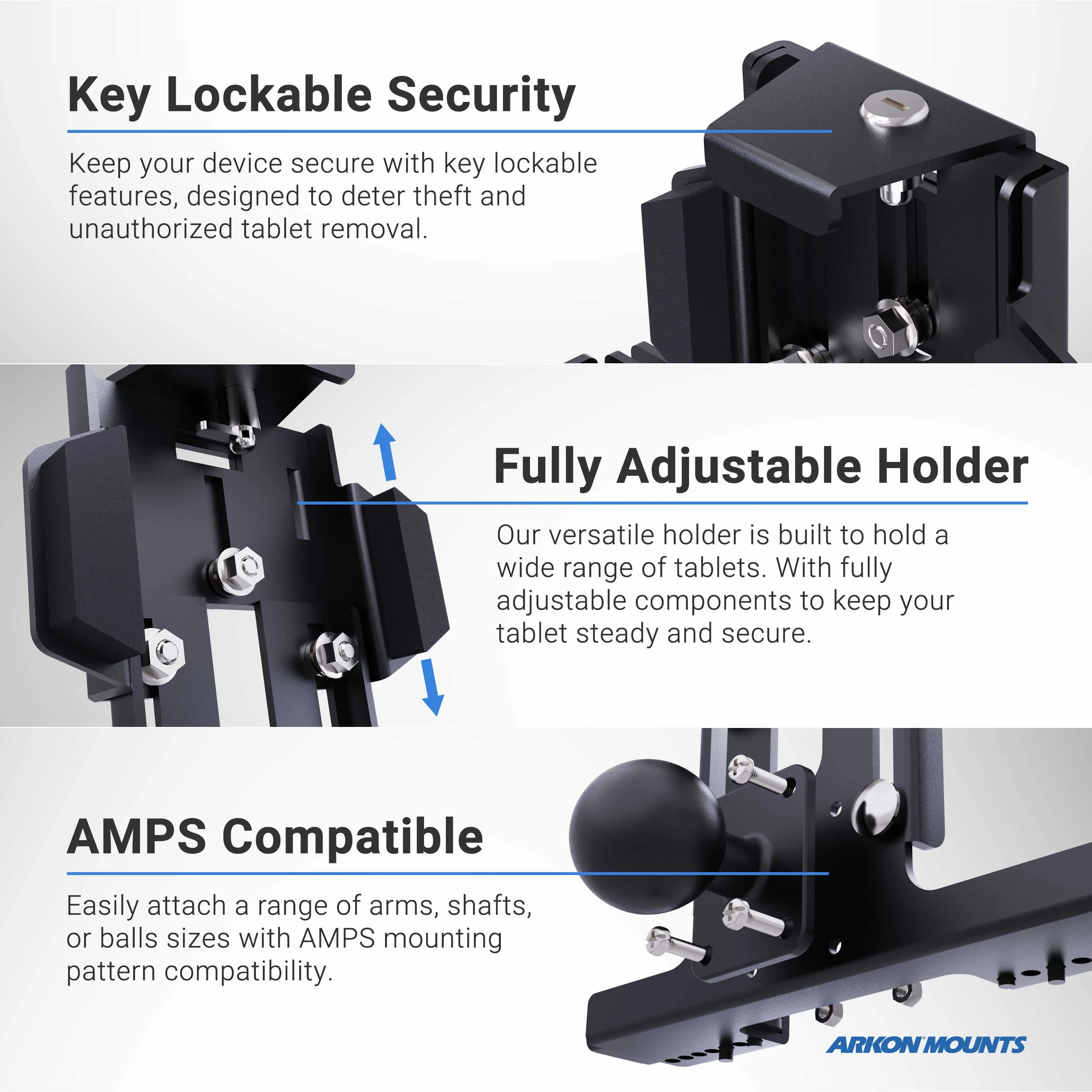 LockVise™ Metal Locking Tablet Mount with Drill Base Mount and 5" Metal Shaft