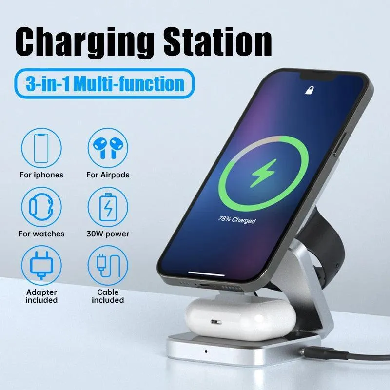 Magnetic Wireless Charger Stand: Fast 3-in-1 Charging Station