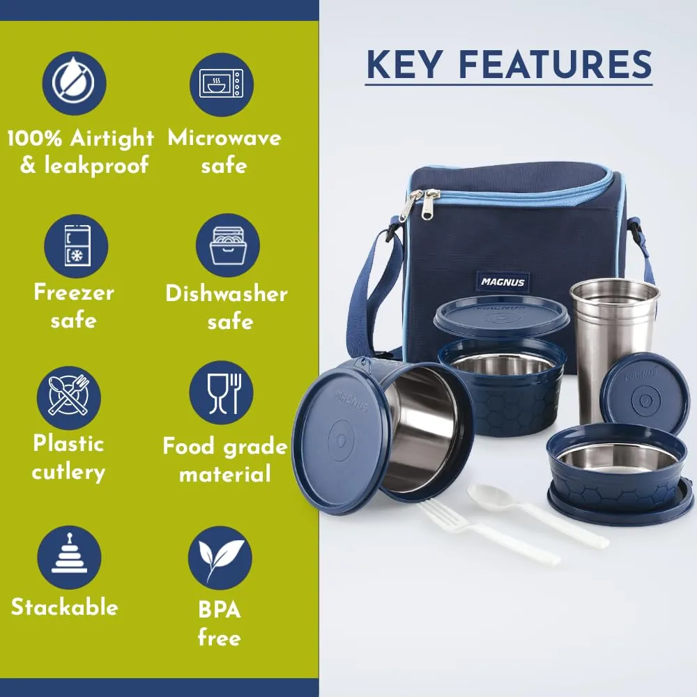 Magnus Microwave Eva 4 Lunch Box for Kids & Adults, 3 Microwave Safe Containers with Steam Lock & 1 Stainless Steel Tumbler, Airtight & Leakproof Lunch Boxes for Office Men, Blue (230/400/550 ml)