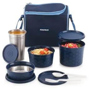 Magnus Microwave Eva 4 Lunch Box for Kids & Adults, 3 Microwave Safe Containers with Steam Lock & 1 Stainless Steel Tumbler, Airtight & Leakproof Lunch Boxes for Office Men, Blue (230/400/550 ml)