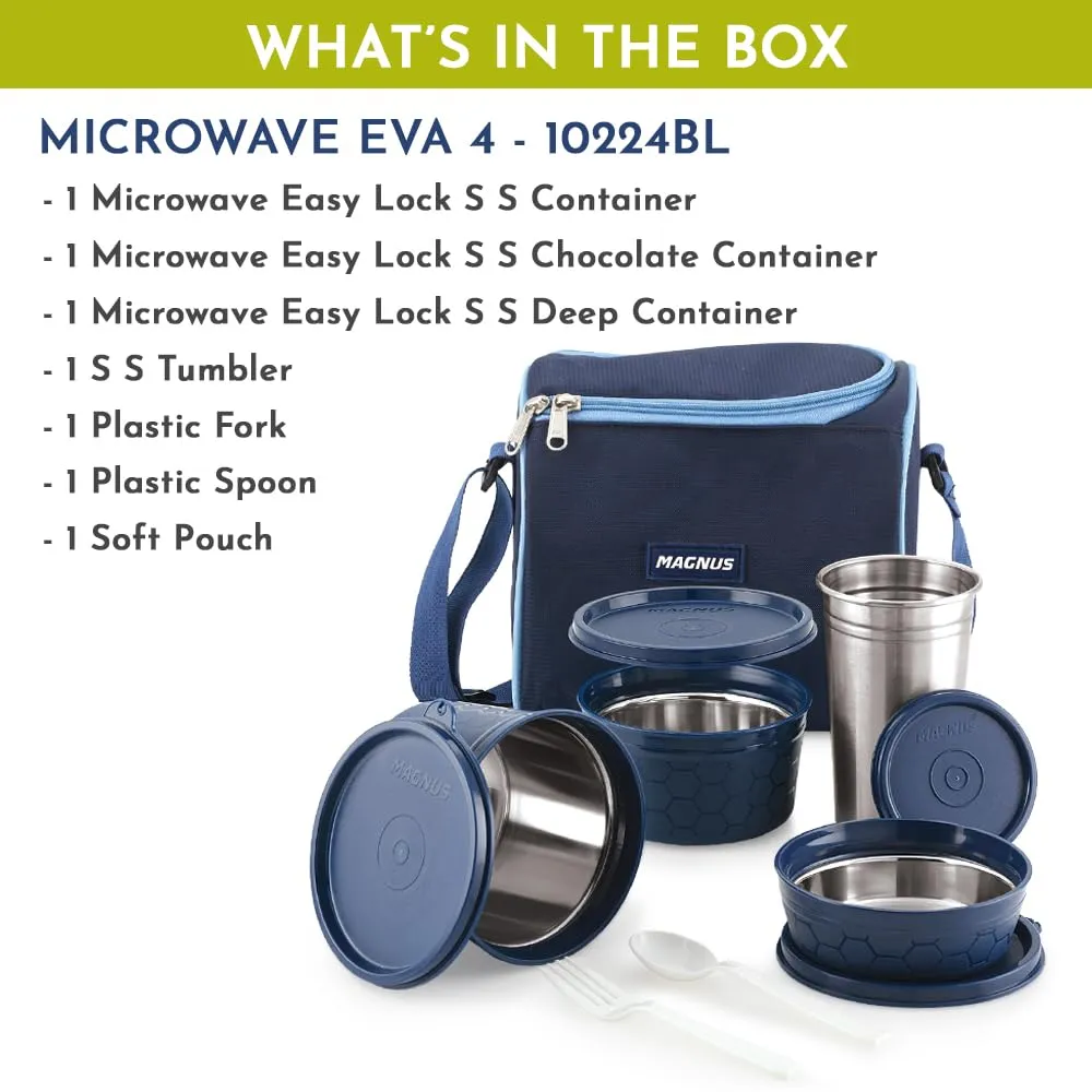 Magnus Microwave Eva 4 Lunch Box for Kids & Adults, 3 Microwave Safe Containers with Steam Lock & 1 Stainless Steel Tumbler, Airtight & Leakproof Lunch Boxes for Office Men, Blue (230/400/550 ml)