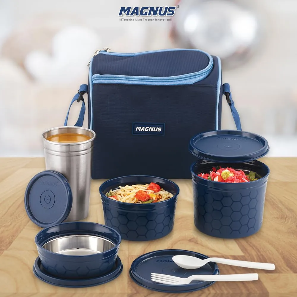 Magnus Microwave Eva 4 Lunch Box for Kids & Adults, 3 Microwave Safe Containers with Steam Lock & 1 Stainless Steel Tumbler, Airtight & Leakproof Lunch Boxes for Office Men, Blue (230/400/550 ml)