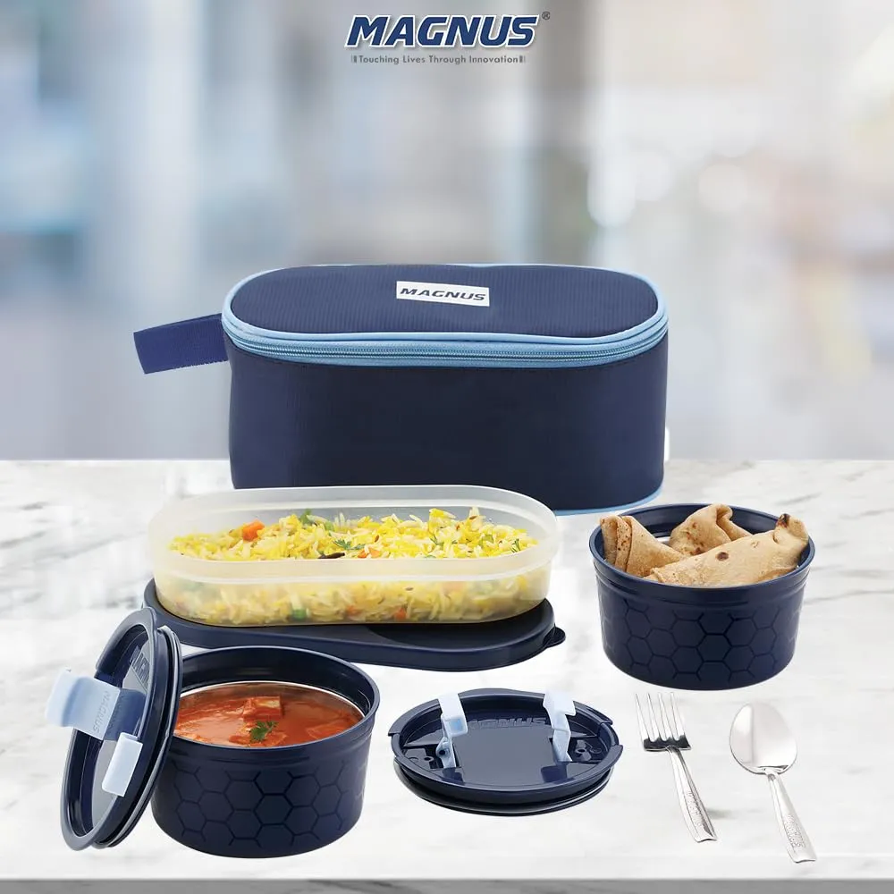 Magnus Microwave Olive 3 - Stainless Steel Lunch Box for Kids and Adults with 2 Steamlock Containers | Ideal Lunch Boxes for Office Men | Includes Roti Box, Steel Fork, and Spoon