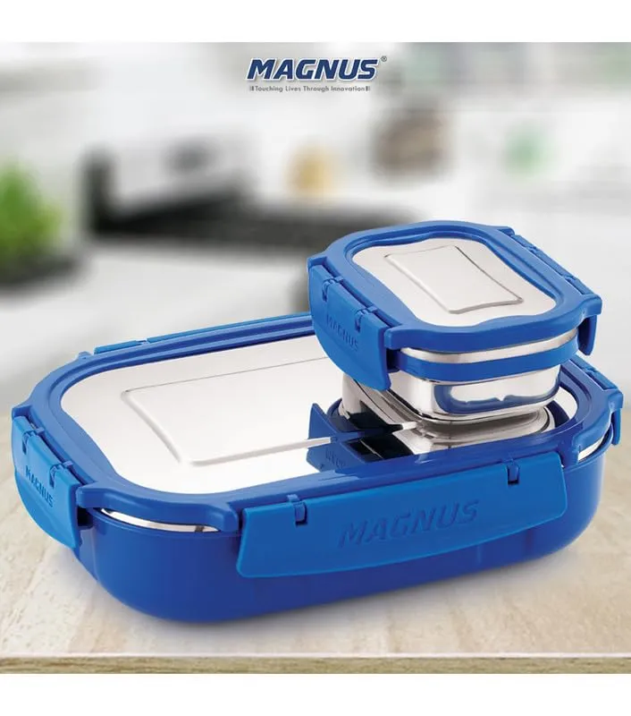 Magnus Spike Lunch Box SP (Blue) - Stainless Steel Office Lunchbox Set with 800ml & 150ml Leakproof Containers for Men, Women, Kids - Ideal Tiffin for School, Picnic, Airtight & Insulated Design