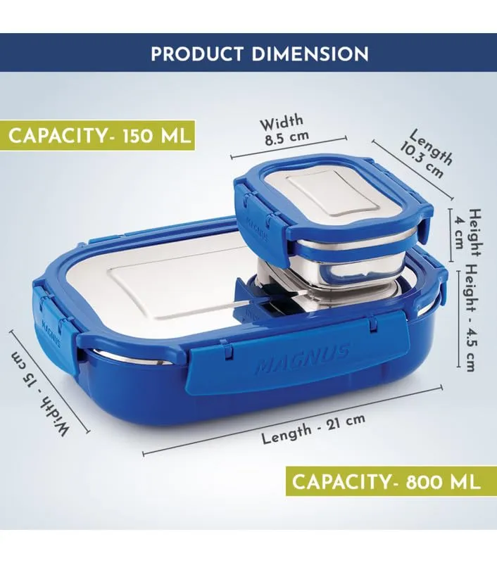 Magnus Spike Lunch Box SP (Blue) - Stainless Steel Office Lunchbox Set with 800ml & 150ml Leakproof Containers for Men, Women, Kids - Ideal Tiffin for School, Picnic, Airtight & Insulated Design