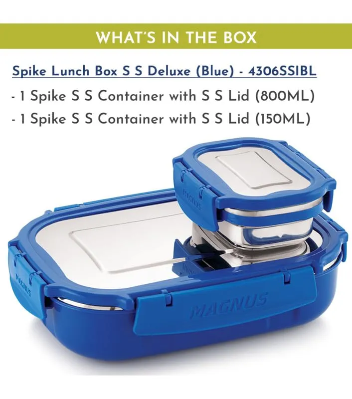 Magnus Spike Lunch Box SP (Blue) - Stainless Steel Office Lunchbox Set with 800ml & 150ml Leakproof Containers for Men, Women, Kids - Ideal Tiffin for School, Picnic, Airtight & Insulated Design