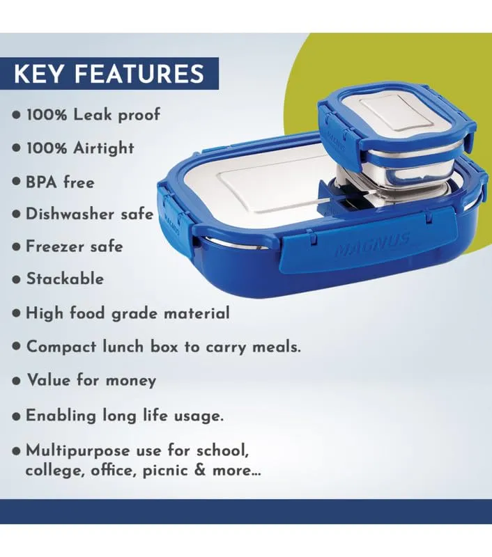 Magnus Spike Lunch Box SP (Blue) - Stainless Steel Office Lunchbox Set with 800ml & 150ml Leakproof Containers for Men, Women, Kids - Ideal Tiffin for School, Picnic, Airtight & Insulated Design