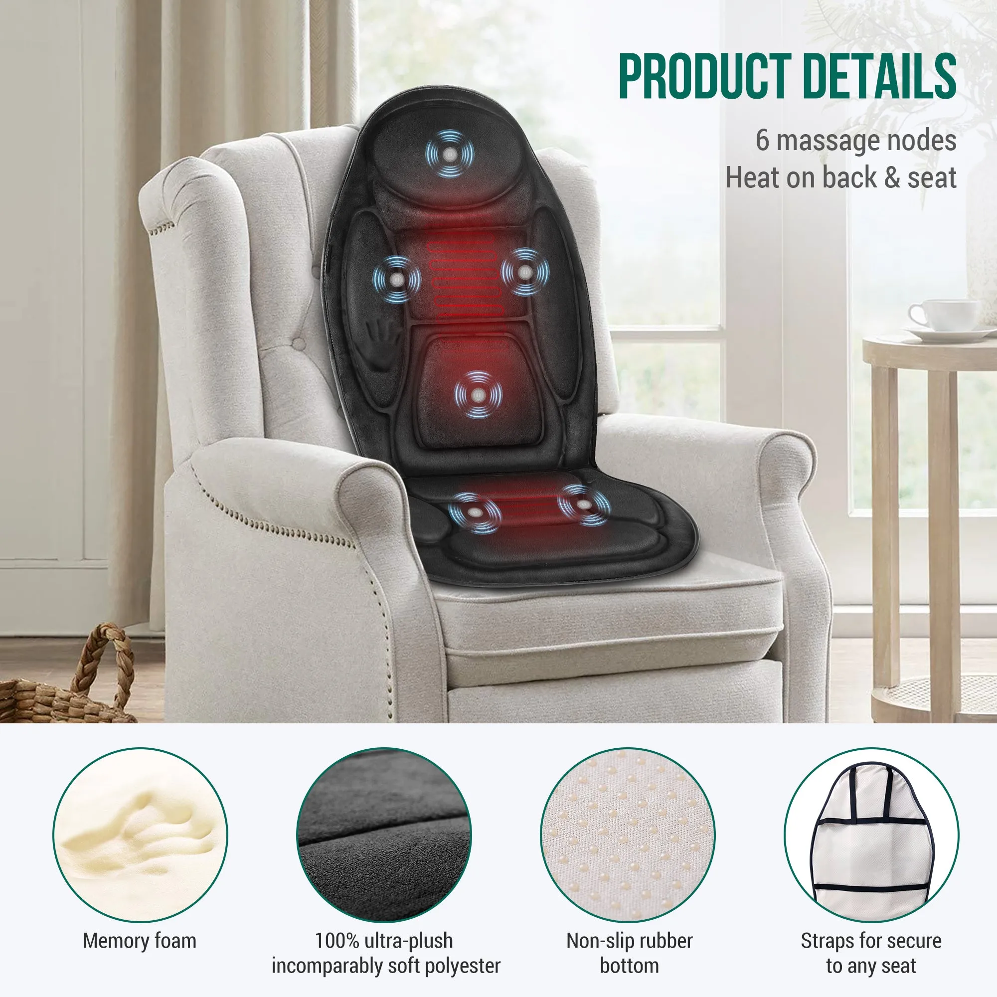 Memory Foam Massage Seat Cushion - Back Massager with Heat (Colored packaging) - SL-262M-2