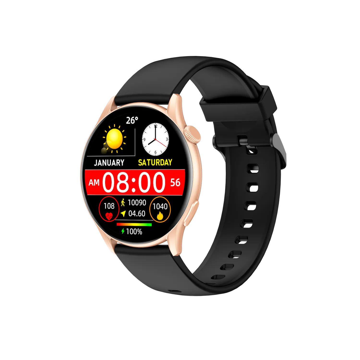 Montre Connectée 1.43" AMOLED Rosegold Case with Black Rubber Strap