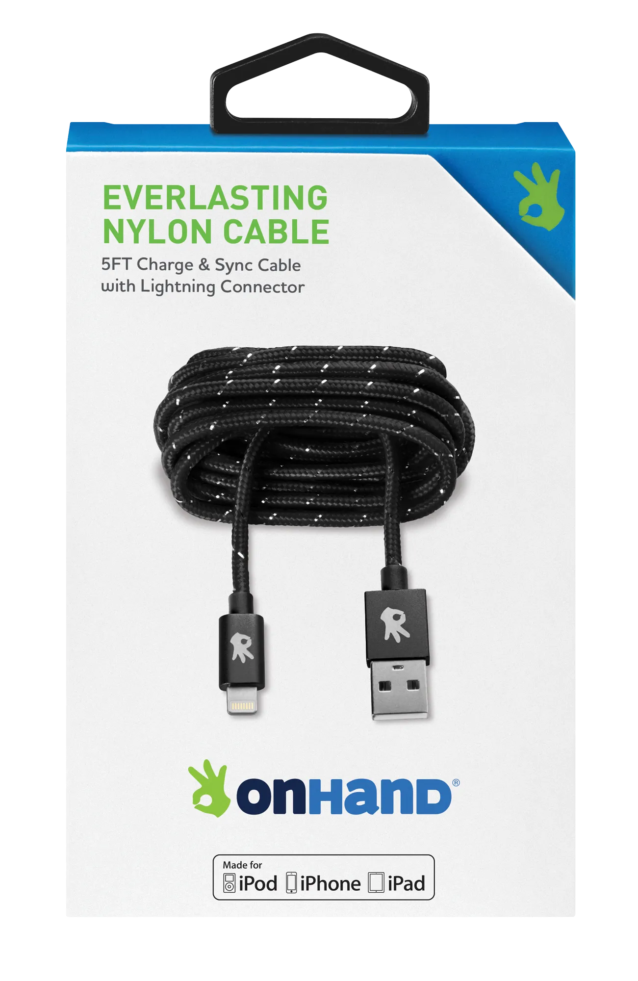 OnHand Everlasting Nylon Sync & Charge Cable Black 5ft BP USB-A to Lightning (MFi Certified)