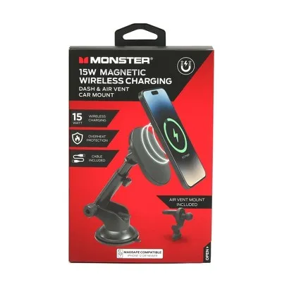 Open Box - Monster 15Watt Magnetic Wireless Charging Car Mount Dash and Vent Mount