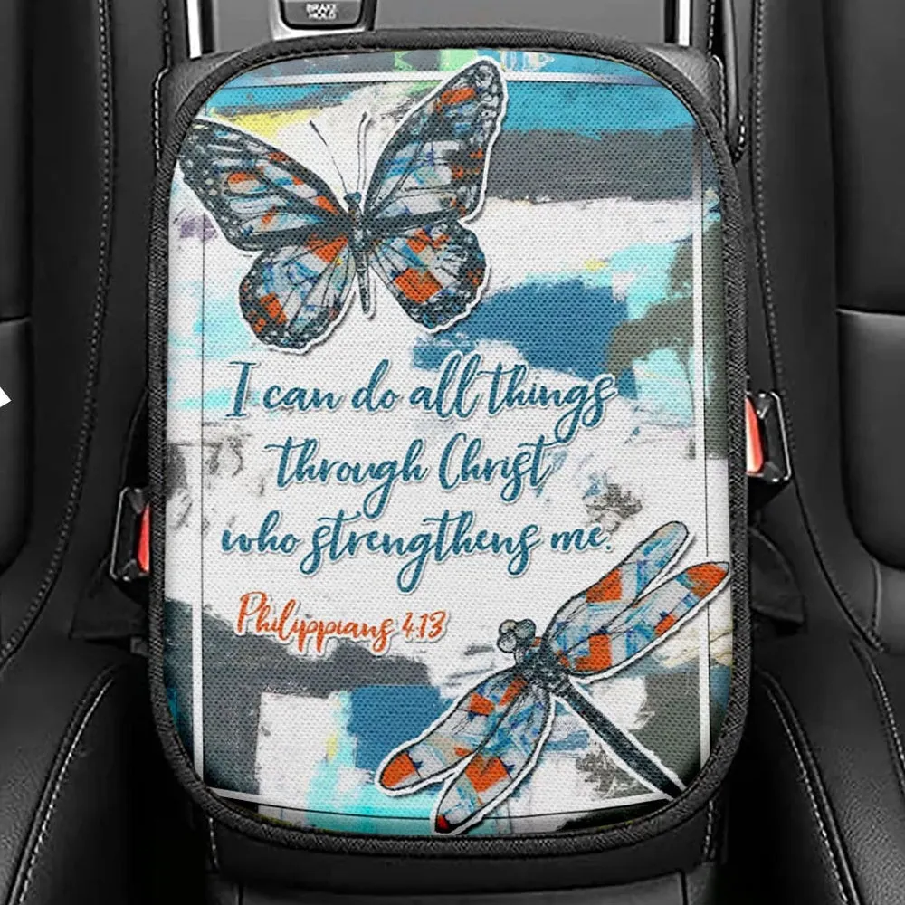 Philippians 413 I Can Do All Things Through Christ Butterfly Seat Box Cover, Bible Verse Car Center Console Cover, Scripture Interior Car Accessories