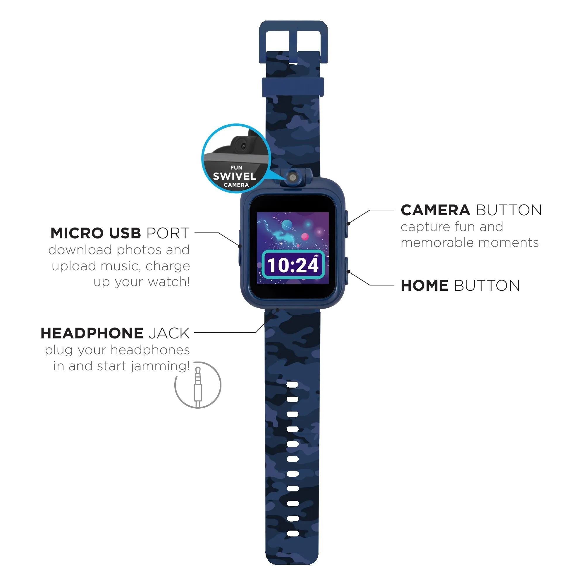 PlayZoom 2 Kids Smartwatch with Headphones: Blue Camouflage Print