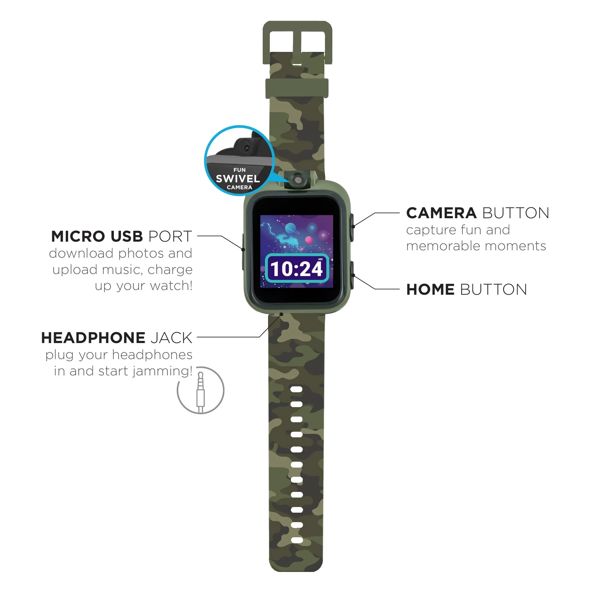 PlayZoom 2 Kids Smartwatch with Headphones: Green Camouflage Print