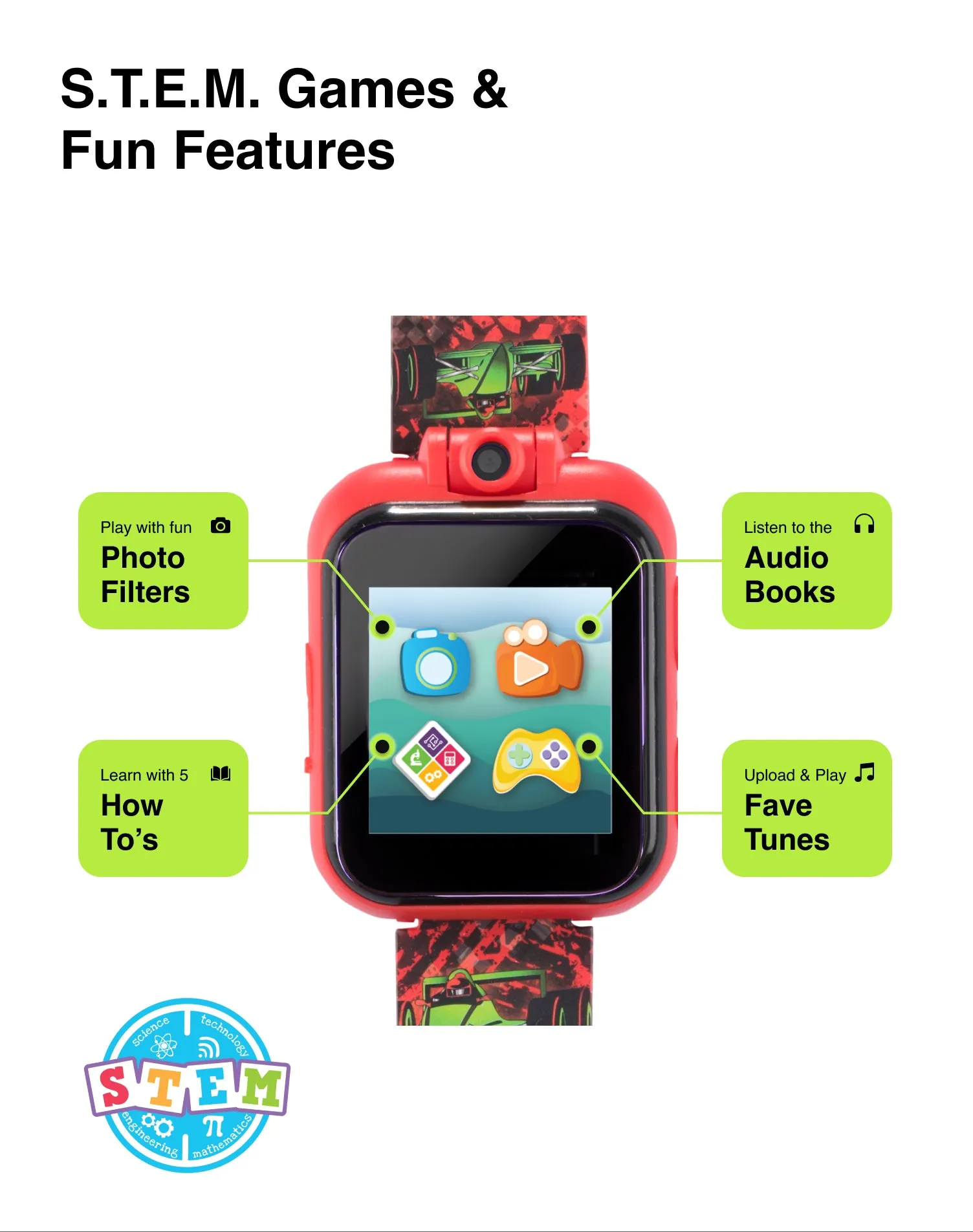 PlayZoom 2 Kids Smartwatch with Headphones: Red Race Cars