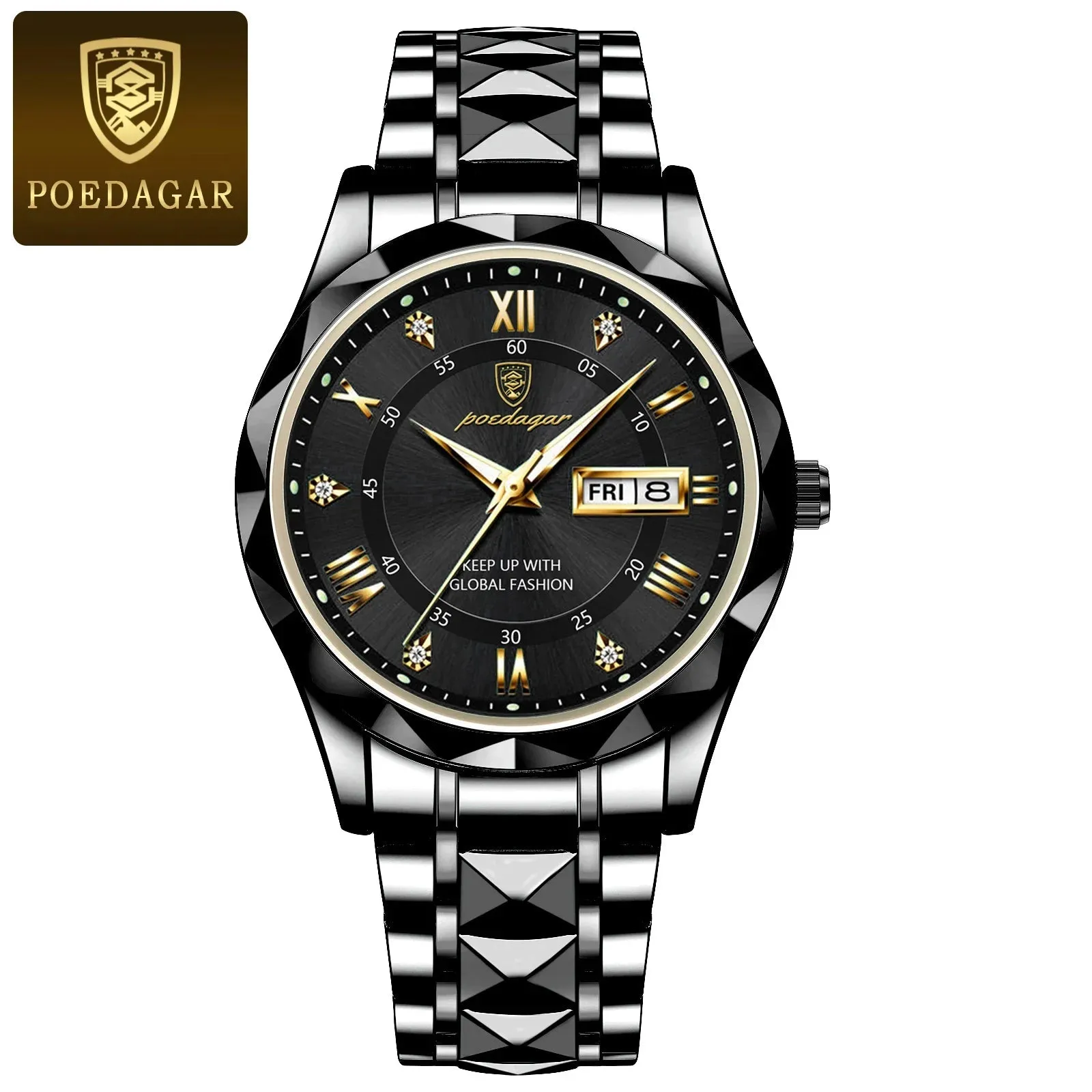 POEDAGAR Top Brand Luxury Man Wristwatch Waterproof Luminous Date Week Men Watches Stainless Steel Quartz Men's Watch Male reloj