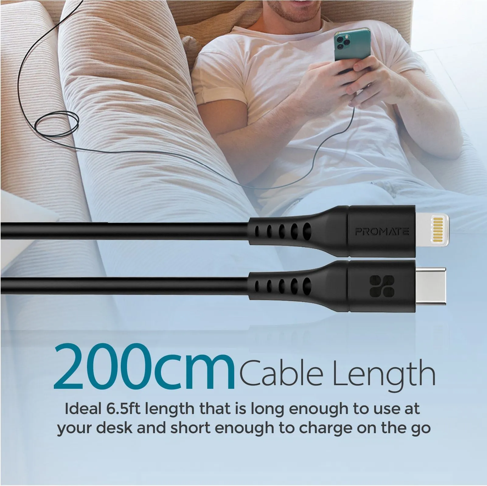 Promate 2m 20W PD USB-C to Lightning Charge & Sync Cable, For Apple iPhone, iPad, & iPad Mini, Anti Snap Tangle Free, Black