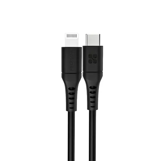 Promate 2m 20W PD USB-C to Lightning Charge & Sync Cable, For Apple iPhone, iPad, & iPad Mini, Anti Snap Tangle Free, Black