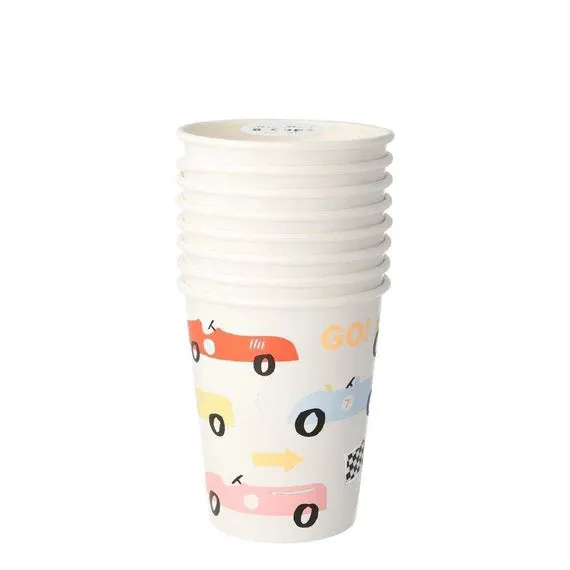 Race Car Party Cups, Set of 8 Race Car Paper Cups by Meri Meri, Great for a Car-Themed Birthday Party