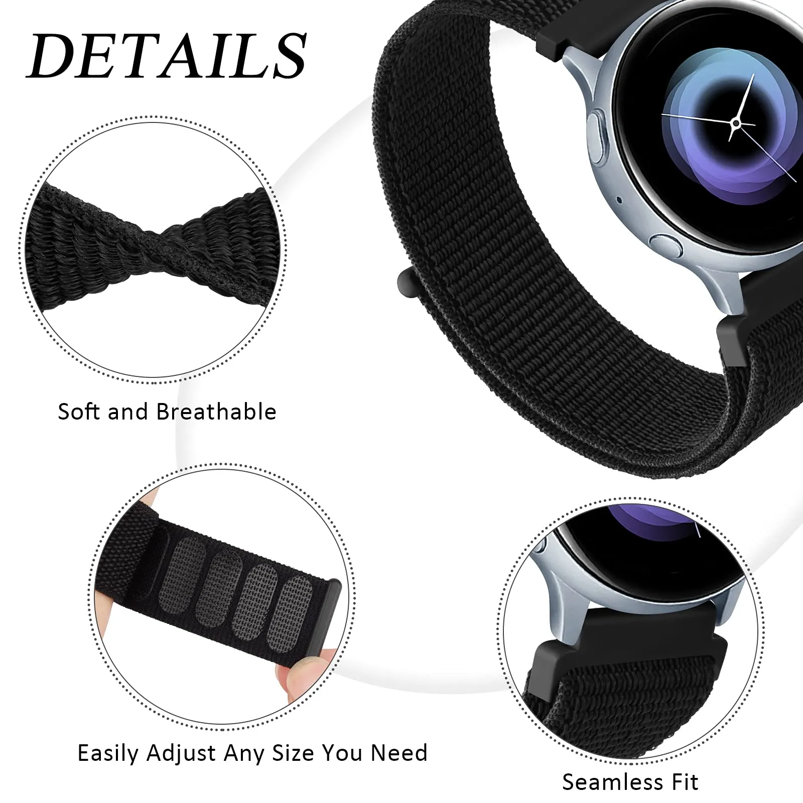 Samsung Galaxy Watch 3 45mm /46mm / Gear S3 Frontier / Classic / Watch GT 2 46mm | Nylon Strap Watch Band   | Reflector Black