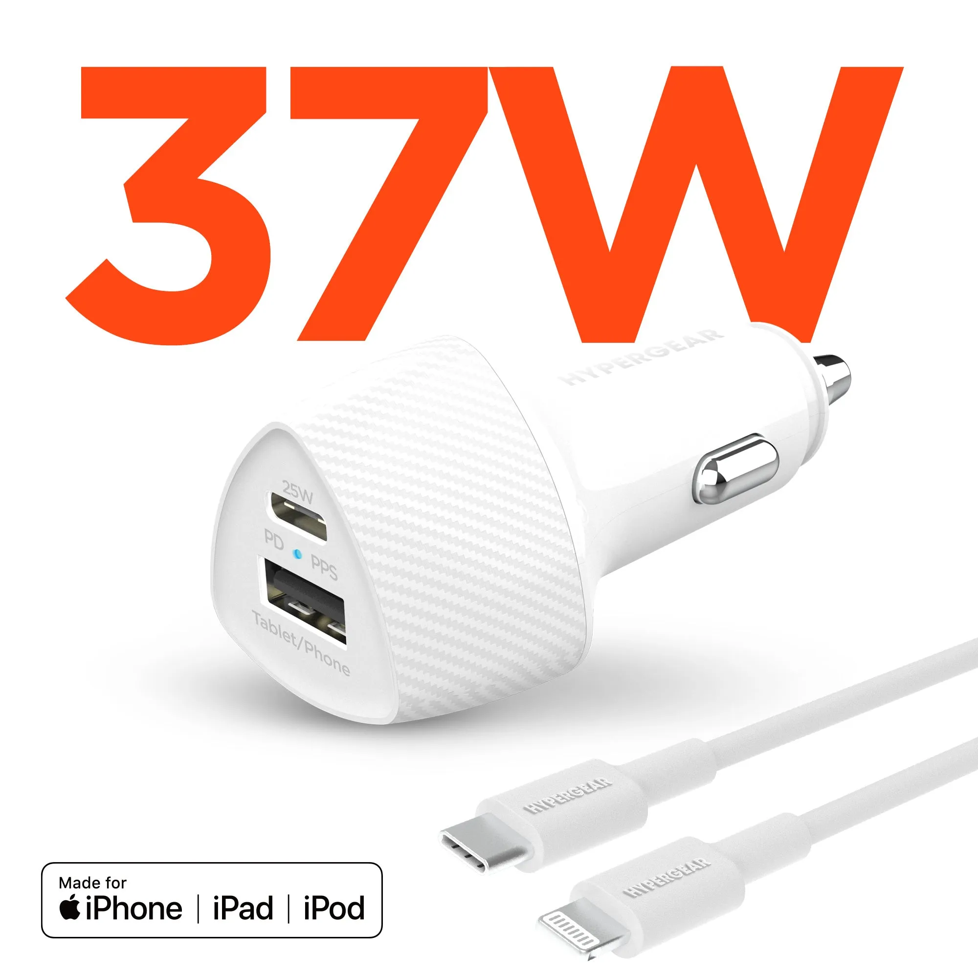 SpeedBoost 25W USB-C PD   12W USB Fast Car Charger with PPS | Includes 4ft MFi Lightning Cable | White