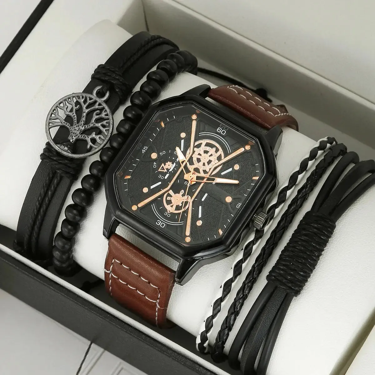 Sports Wrist Watch for Men Luxury Business Wristwatch Leather Watch Gift Set