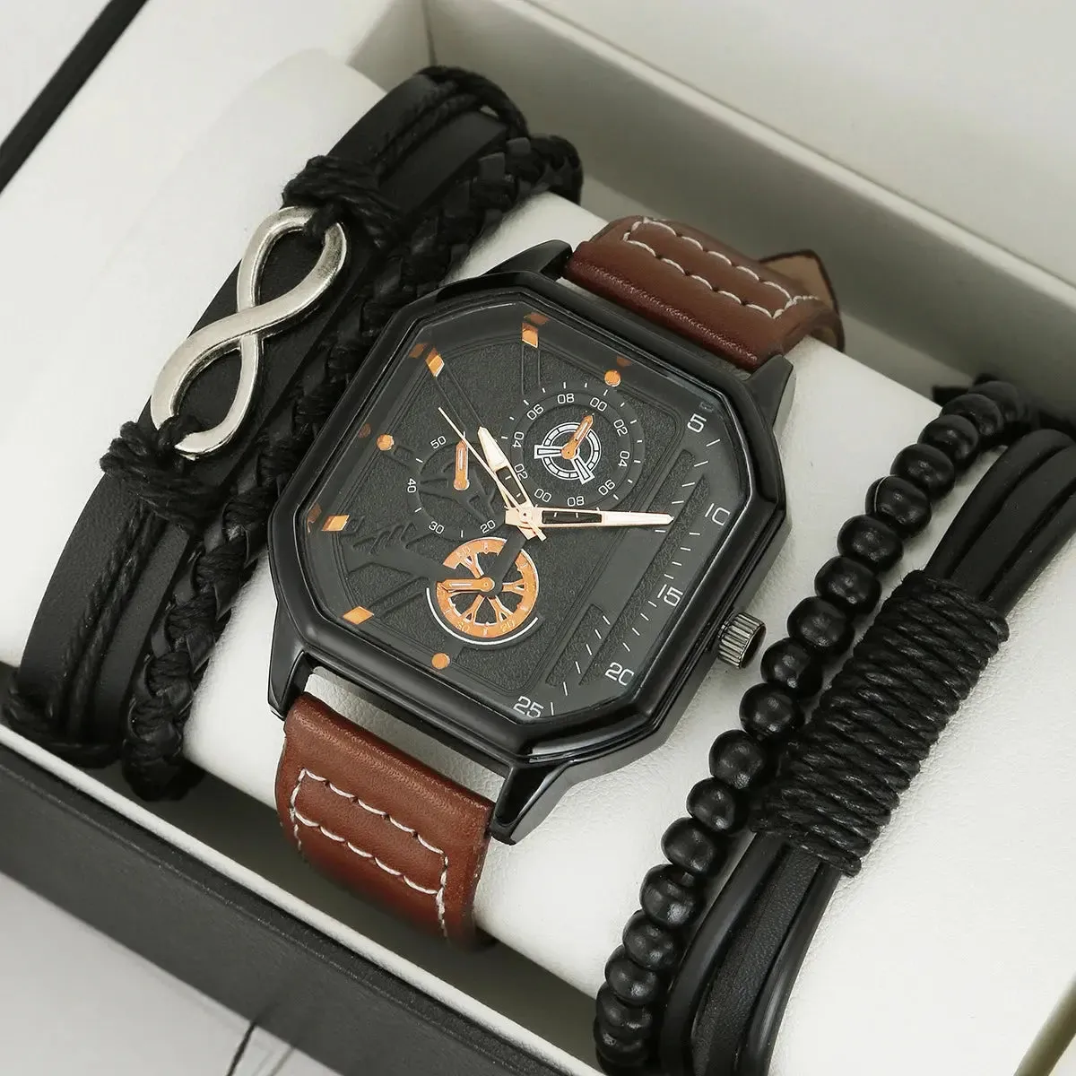 Sports Wrist Watch for Men Luxury Business Wristwatch Leather Watch Gift Set