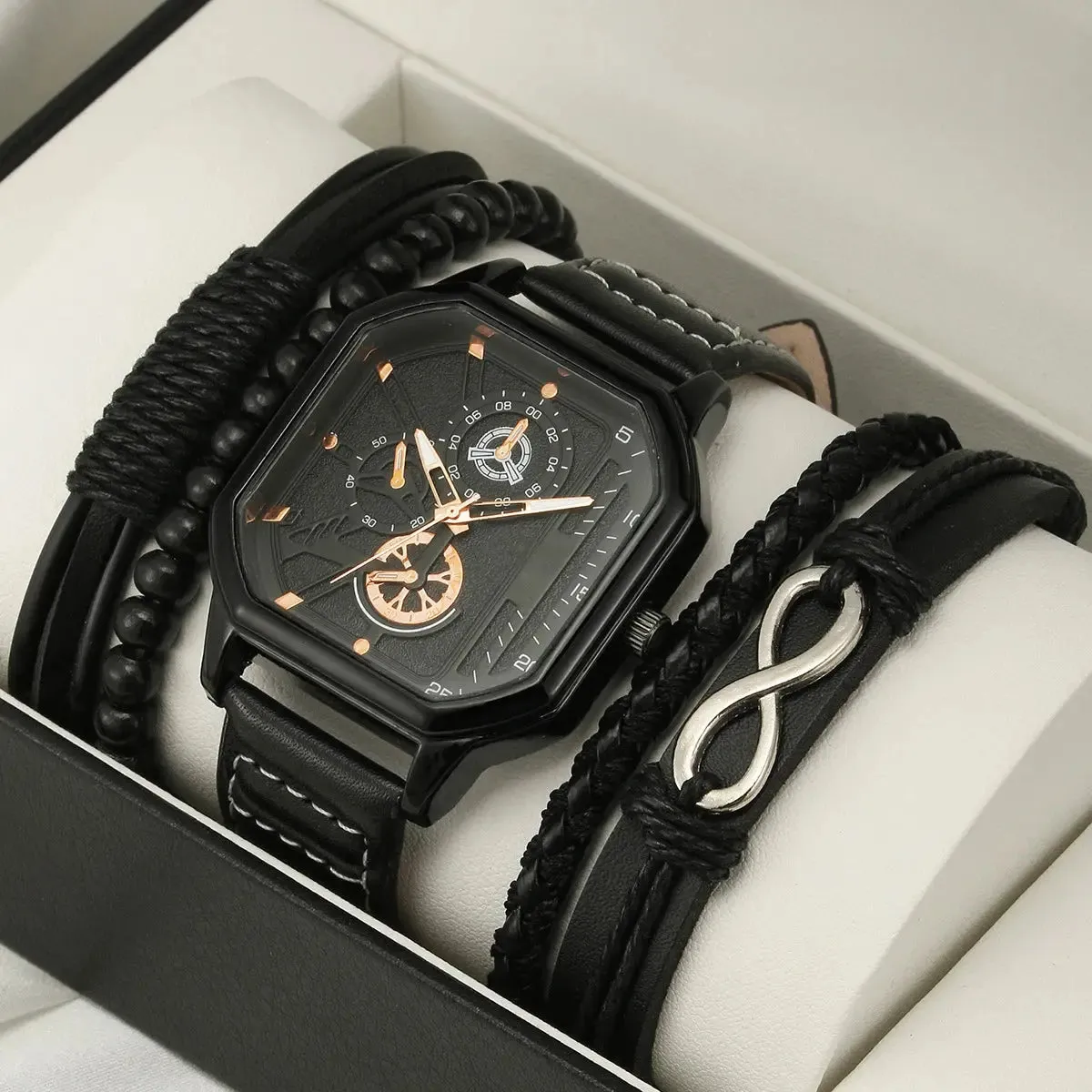 Sports Wrist Watch for Men Luxury Business Wristwatch Leather Watch Gift Set