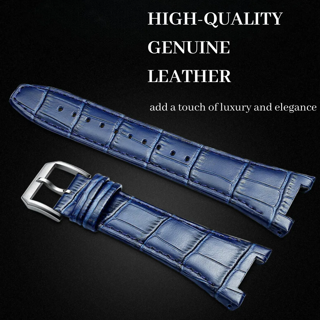 Stainless Steel Case with Genuine Leather Watch Band for Apple Watch 44mm 45mm -Blue