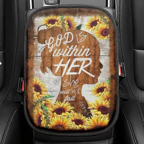 Sunflower Shadow Girl God Is Within Her She Will Not Fail Seat Box Cover, Christian Car Center Console Cover, Bible Verse Car Interior Accessories